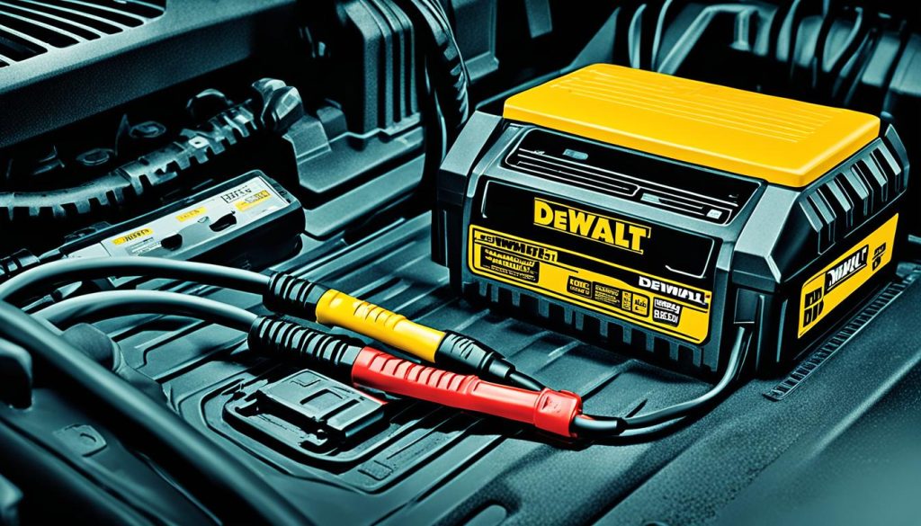 DeWalt battery being charged using alternative jump starting method with car battery charger